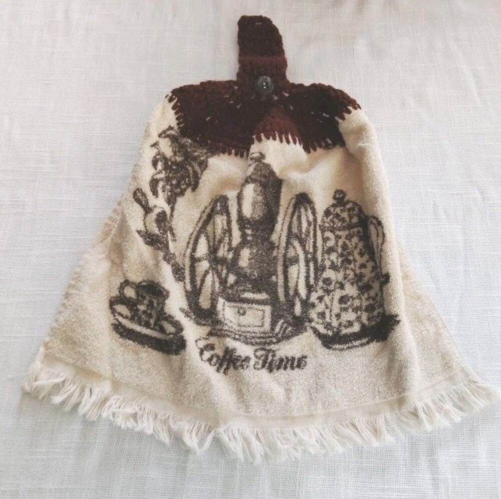 Vintage Hand Dish Towels Kitchen Crochet Retro Top Hanging Button Coffee Time